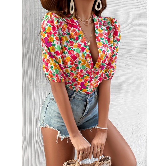 Floral Red Green Pink Button Down Puff Sleeve Shirt Lapel V-Neck - Picture 3 of 7